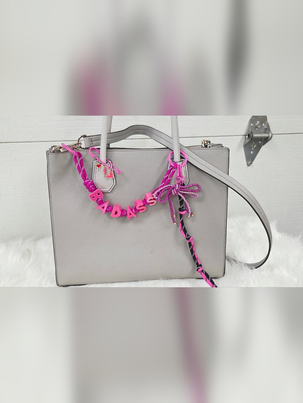 4pc Pink 'BADASS' Purse Bag Charm Keychain and Strap Set - Picture 2 of 8